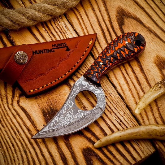 Predator Hunter - Handmade Damascus Knife with Leather Sheath - For Skinning, Camping, Outdoor - EDC 7” Fixed Blade Bushcraft Knives | Red Black Exotic Wood Handle