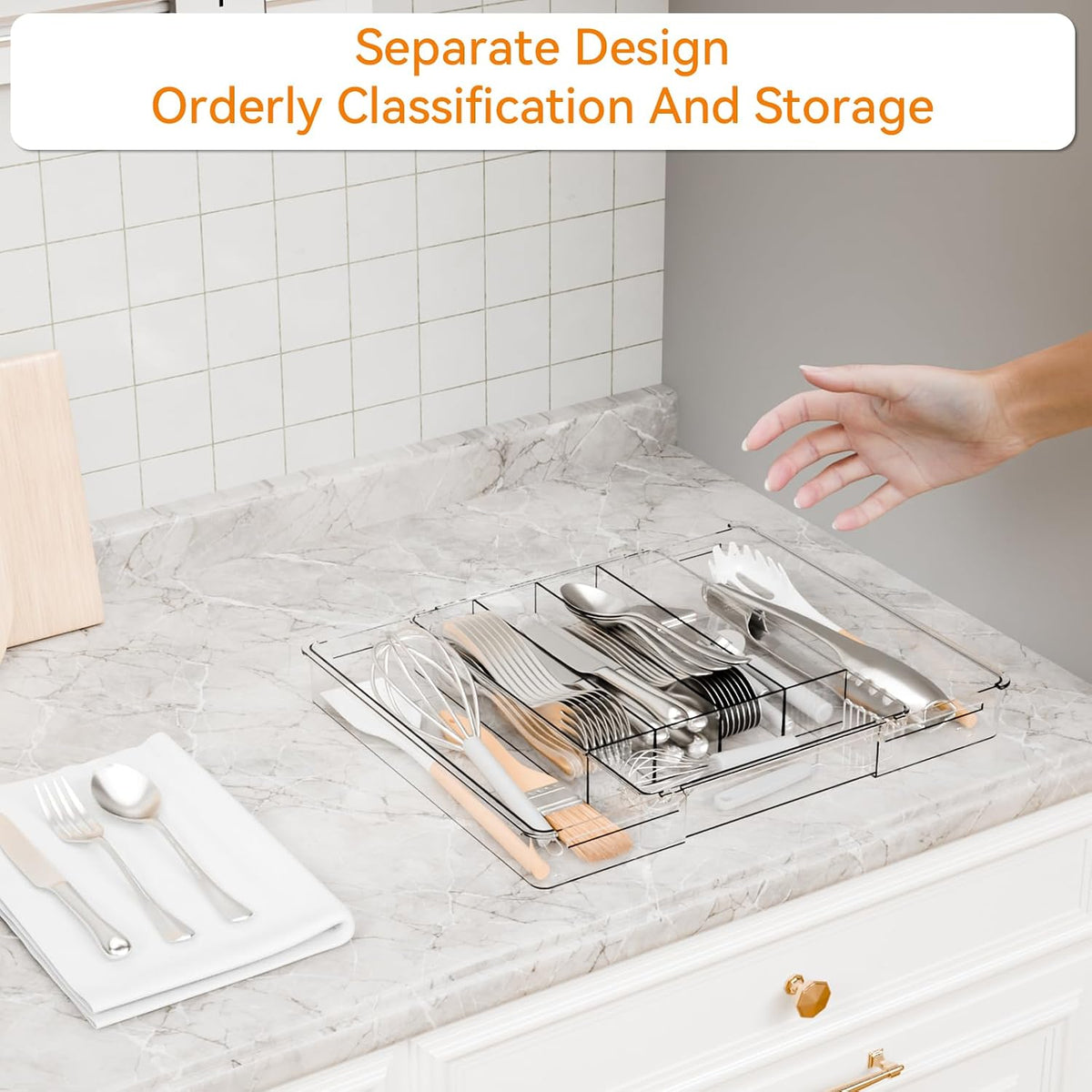 Large Clear Expandable Silverware Drawer Organizer for Kitchen,BPA FREE Adjustable Utensil Drawer Organizer and Silverware Tray,Plastic Flatware Organizers,Cutlery,Knife,Fork and Spoon Holder