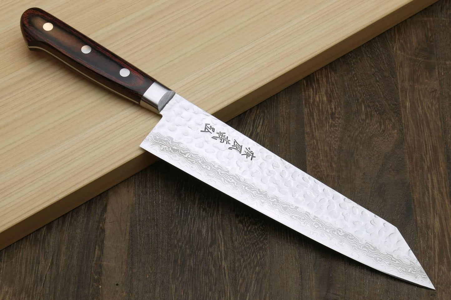 Yoshihiro VG10 Hammered Damascus Kiritsuke Sword Tip Multipurpose Japanese Chef Knife 8.25 inch - Western Style Mahogany Handle