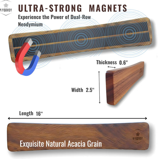 Magnetic Knife Holder for Wall-16 inches long Kitchen Organizer- No Drilling Knife Magnetic Strip- Compact Utensil Holder- Acacia Wood Knife Rack- Strong Knife Magnet- Easy Installation