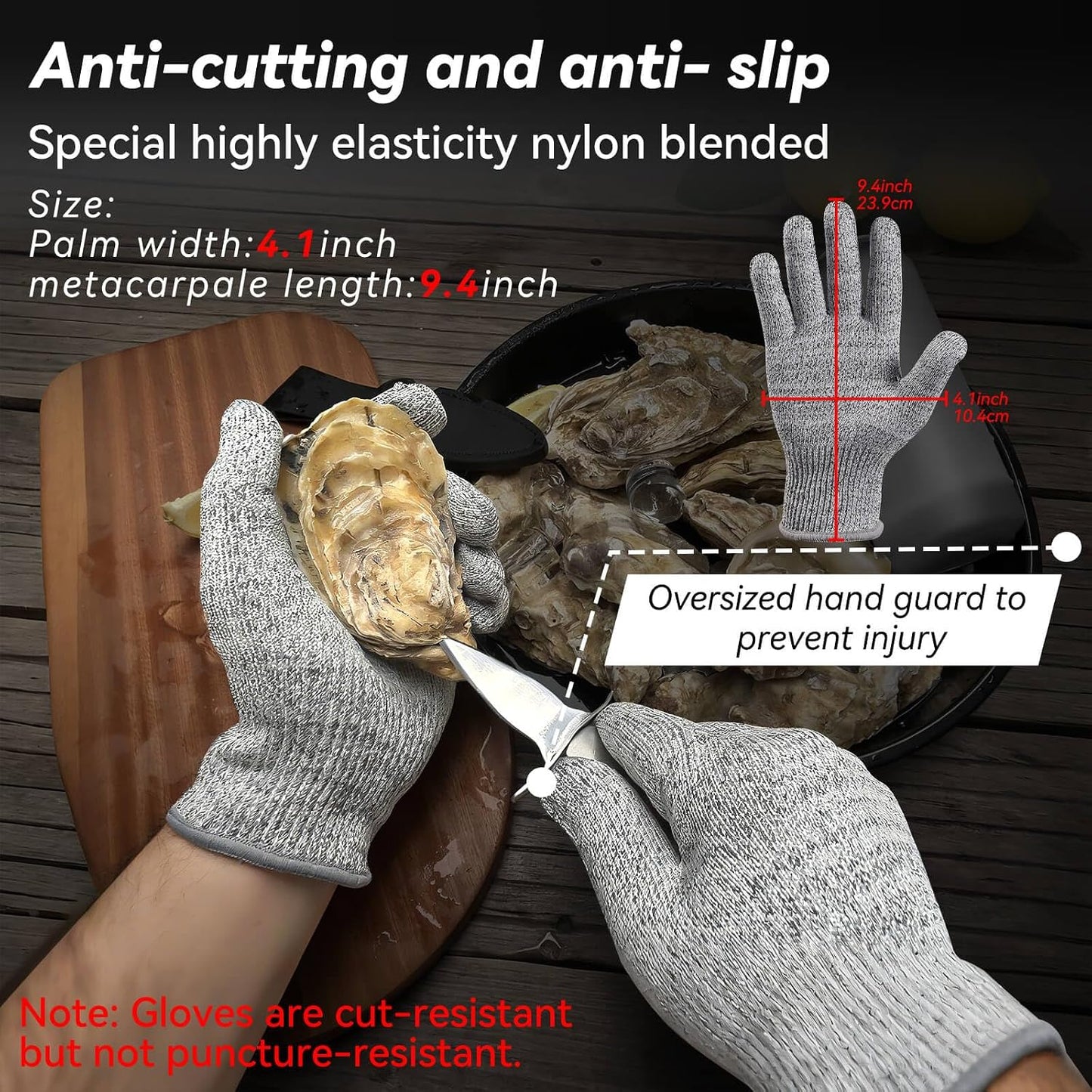 Oyster Shucking Knife Set, Pakkawood Handle, Level 5 Gloves(L) | 2 Heavy-Duty Stainless Steel Shuckers, Anti-Slip Grip, Cut-Resistant Protection, for Oysters, Clams & Seafood