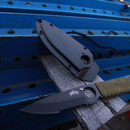 – Fixed Blade Neck Knife – Stainless Steel Blade & Handle, Hard Nylon Fiber Sheath w/Lanyard, Full Tang Construction, Tactical, EDC, Self Defense (Tan)