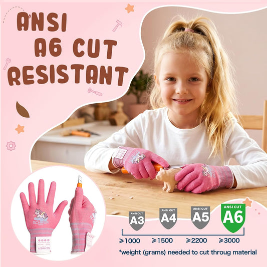 2 Pairs MINI-KIDDO ANSI A6 Cut Resistant Gloves for Kids MN1917, Kids Fishing Gloves, Cutting Glove for Gardening, Whittling, Wood Carving, and DIY (S, 9–14 Years)