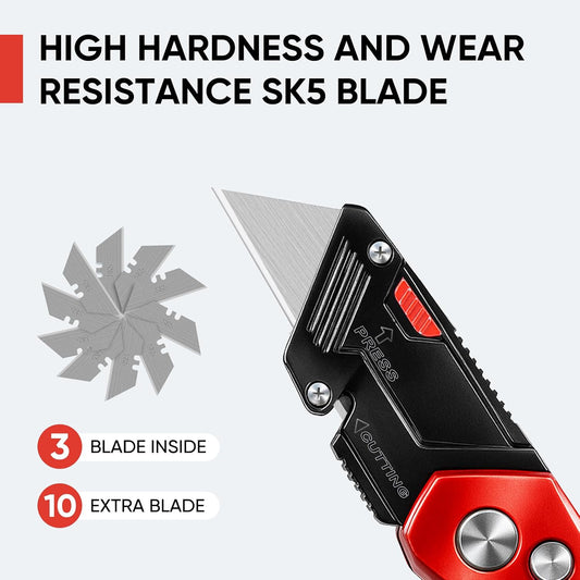 Folding Utility Knife, Heavy Duty Box Cutter with 13 Extra Blades | Quick-Open Button Lock for One-Handed Operation, Blade Storage Design, Perfect for Cartons, Tapes, Cardboard, Leather