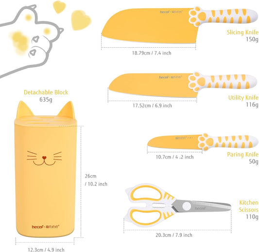 Cute Kitchen Knife Set, Dishwasher Safe, 5-piece Non-Stcik Knives Set with Detachable Block and Scissors,Sharp Kitchen Knives for Chopping, Slicing, Dicing and Cutting (Yellow)