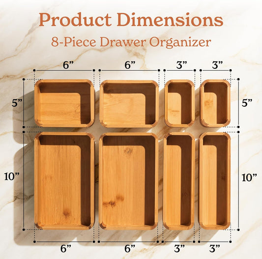8-Piece Bamboo Kitchen Drawer Organizer Set for Large and Small Utensils, Multi-use Storage Box - Bathroom, Nightstand, Jewelry, Cutlery, Knife, Spice, Towel, Junk Drawer Tray
