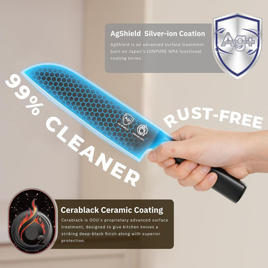 ® Black Blade 7 Inch Santoku Knife with AgShield™ & Cerablack™ Technology, Rust-Resistant & Easy-Clean Finish, Japanese Style Hollow Edge for Dicing & Mincing