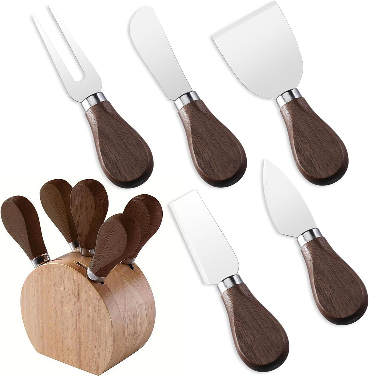 5-Piece Wood Cheese Knife Set with Wood Knife Block for Charcuterie Board,Charcuterie Boards Accessories Charcuterie Utensils Tools (DJ-2)