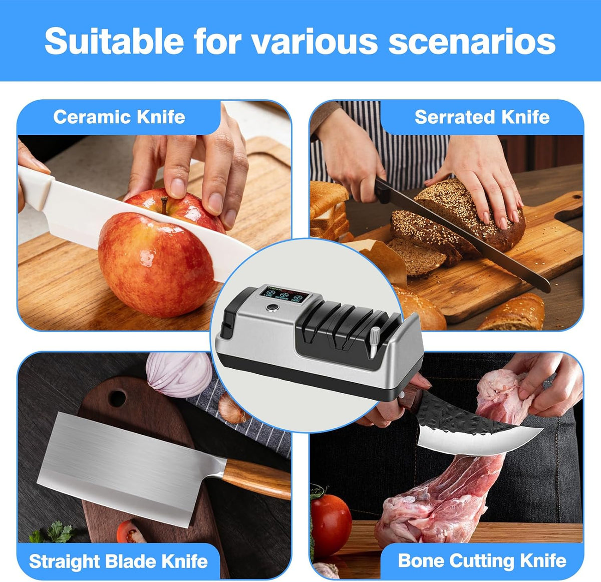 5-in-1 Electric Knife Sharpener for Kitchen Knives, Scissor Sharpener with 3-Speed & 100% Diamond Abrasives-Quickly Sharpening for Straight, Serrated, Meat Cleaver, Ceramic Knives & Kitchen Knives