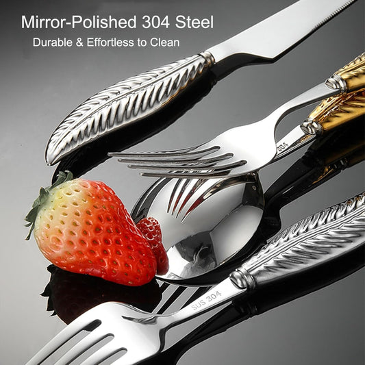 Personalized 4-Piece Ceramic Leaf Flatware Set - Knife, Fork, Deepened Soup & Dessert Spoons in Mirror-Polished 304 Stainless Steel, For Unique Daily Dining & Personalized Gifts, Hand Wash