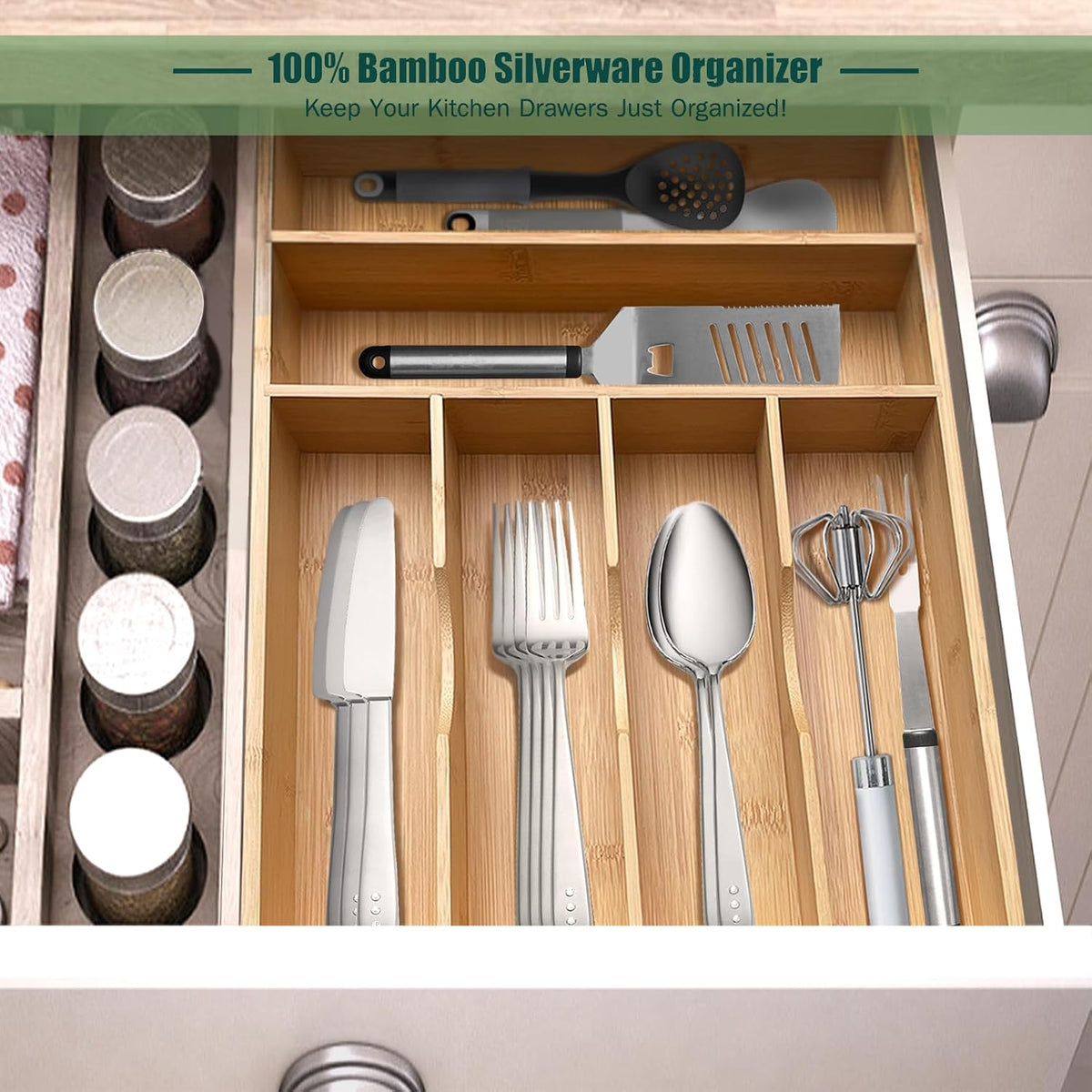 Bamboo Kitchen Drawer Silverware Organizer, 7 Inch Silverware Utensils Tray Holder for Small Drawer, Wood Caddy for Flatware Cutlery Knives 4-Slots