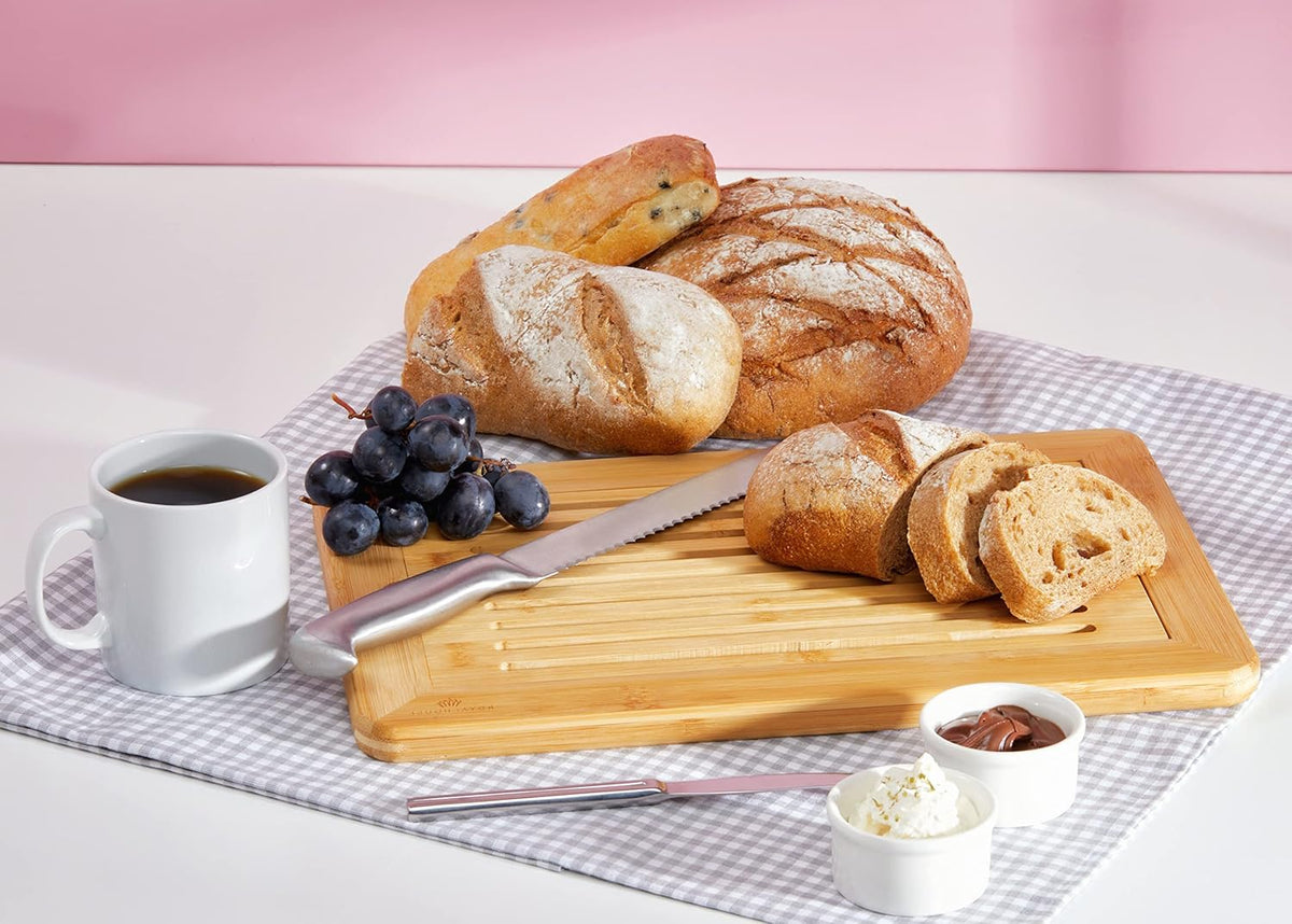 Large Premium Natural Bamboo Bread Cutting Board with Crumb Tray, Bread Serving Tray for Kitchen | Bread Serving Tray for Kitchen, Ideal for Slicing Loaves, Catching Crumbs, and Elegant Countertop Presentation