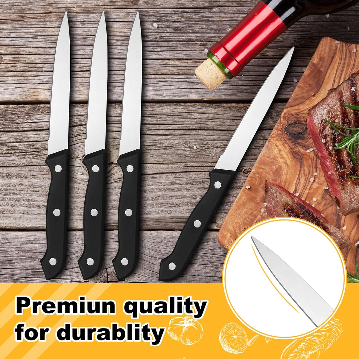 50 Pcs 8.67 Inches Fine Edge Steak Knife Set Stainless Steel Non Serrated Steak Knives Triple Riveted Straight Table Dinner Knives for Cutting Meat, Black