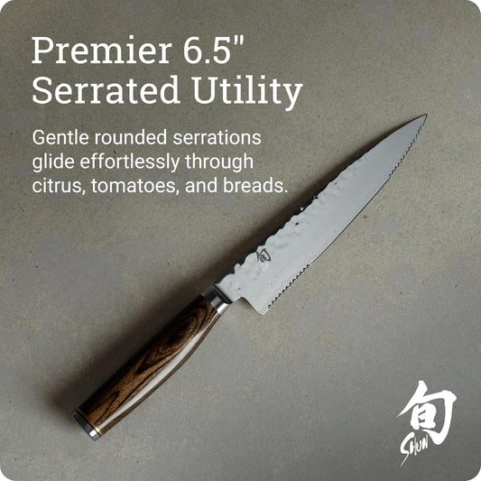 Premier 6.5" Serrated Utility Knife, Handcrafted Japanese Knife, VG-MAX Core with Damascus Stainless Steel Cladding, Pakkawood Handle, Precision and Sharpness for Professional and Home Chefs