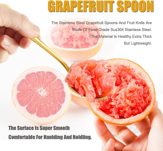Grapefruit Spoons Serrated Edge Knife Stainless Steel Utensil Tool Dessert Spoon for Citrus Lemon Kiwi Salads Melon Lime Pitaya Apple Fruit Puree (Gold)