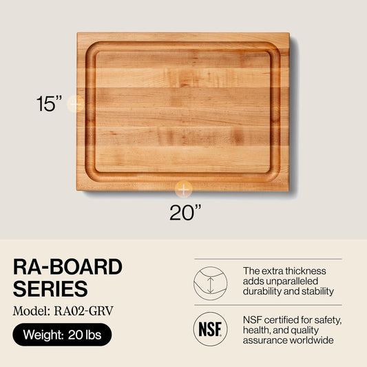 RA-Board Series Rectangular Wooden Maple Deluxe Barbecue Cutting Board 20”x15” – 2.25” Thick, 20-lb Reversible Butcher Block with Juice Groove, Edge-Grain & Finger Grips – Made in the USA
