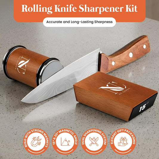 Knife Sharpener Tool, Rolling Knife Sharpener Kit & Cut Resistant Gloves,Kitchen knife Sharpener with 15 & 20 Degree Magnetic Angle, Razor-Sharp Edge, Leather Strop, Classic Kit