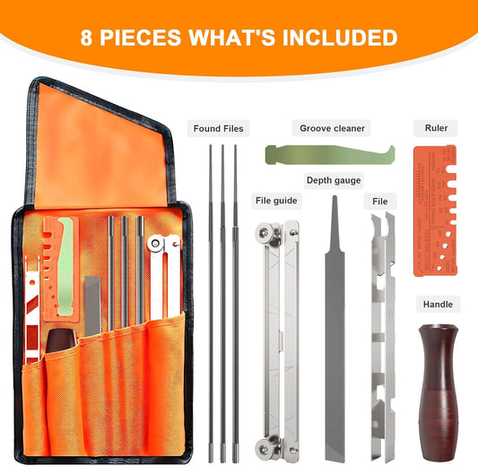10-Piece Professional Chainsaw Sharpening Kit (afilador de motosierra) - Files in 5/32", 3/16", 7/32", Includes File Holder, Depth Gauge, Storage Case for Sharp Chainsaw Blades