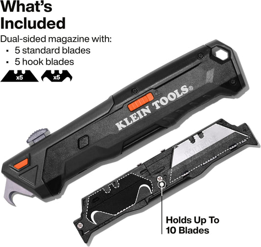44308 Auto-Loading Retractable Utility Knife, Utility Box Cutter, Dual-Sided 10 Blade Magazine, Standard and Hook Blades, Professional Work Knife