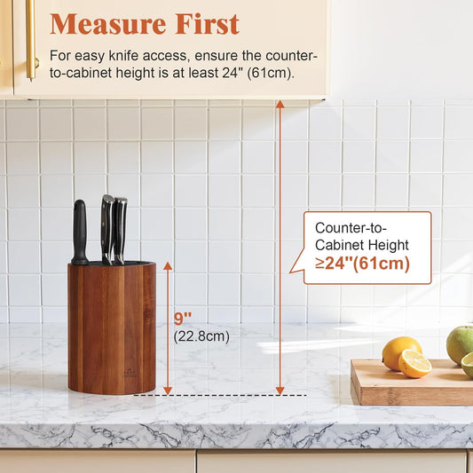 Universal Knife Block Holder with Plastic Lid, Acacia Wood Knife Block without Knives for Scissors, Sharpening Rod and Knives, Round Knife Storage Organizer Display