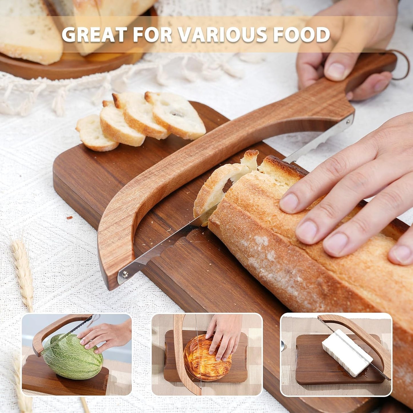 Bread Knife, Bow Bread Knife for Homemade Bread, Sourdough Bread Slicer for Homemade Bread, Sourdough Bread Cutter, Wooden Bread Knife with Cover - Premium Stainless Steel