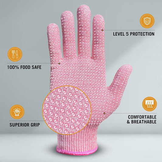 Level 5 Cut Resistant Gloves with Non-Slip Grip, 2 Pairs | HPPE Material, Food Safe, Comfortable & Breathable, Kitchen, Crafting & DIY Projects(S, Pink+Gray)