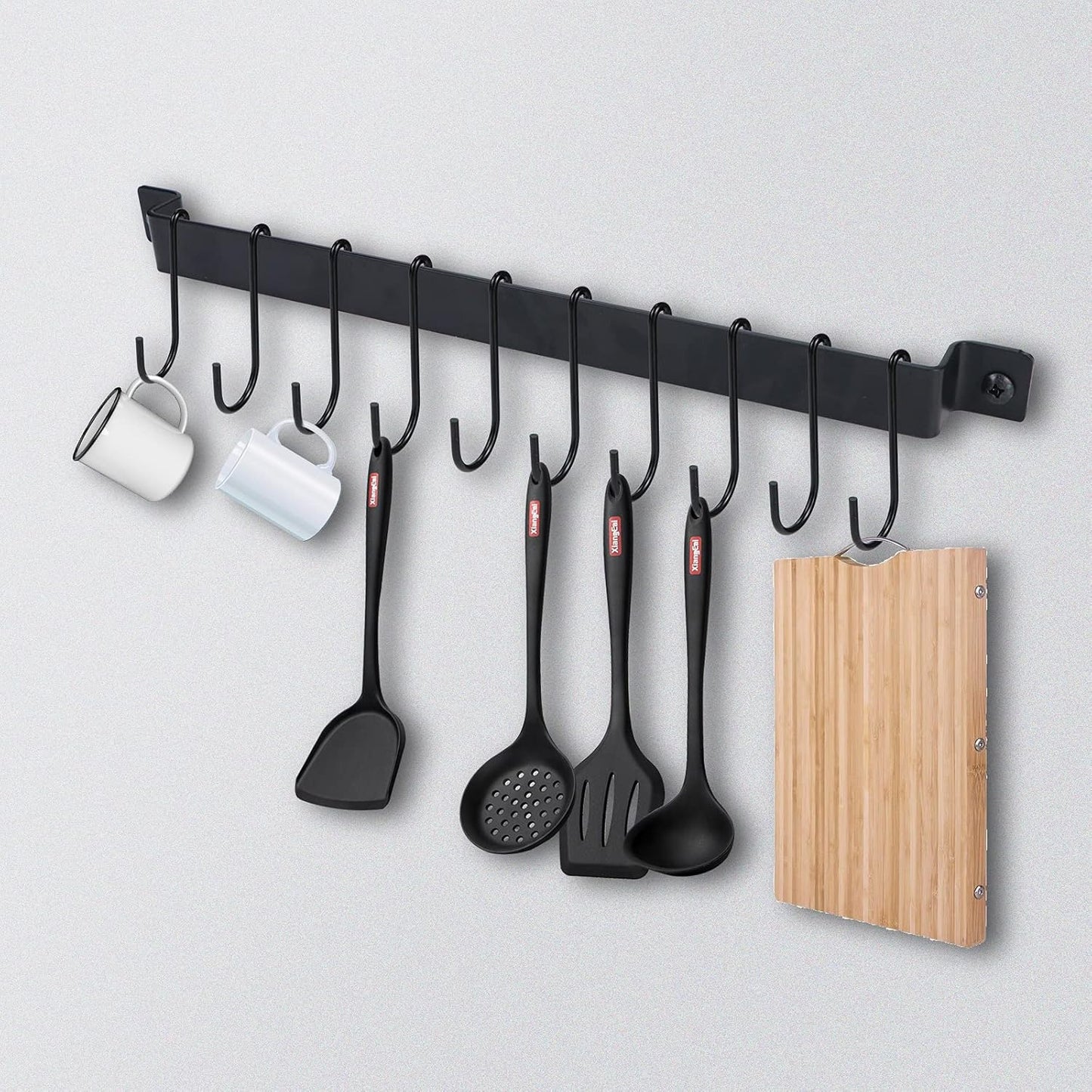 Utensil Holder, Kitchen Rail With 10 Hooks, Pots and Pans Organizer Hanger, Wall Mounted Wrought Iron Hanging Black 17 Inch for Coffee Mug Rack Cup Hanging, Set of 2