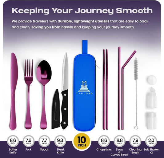 Portable Travel Silverware Set With Case - Includes 10 Pcs of Utensils, Stainless Steel Flatware For Camping, Easy to Travel, Lightweight (Purple)
