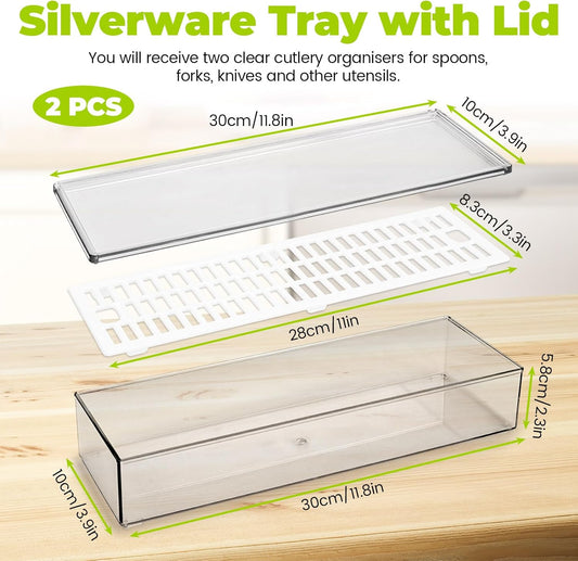 2 Pack Silverware Organizer with Lid and Drainer - Kitchen Drawer Organizer Cutlery Tray Flatware Storage Box, Clear Tableware Utensil Holder for Spoons Forks Knives