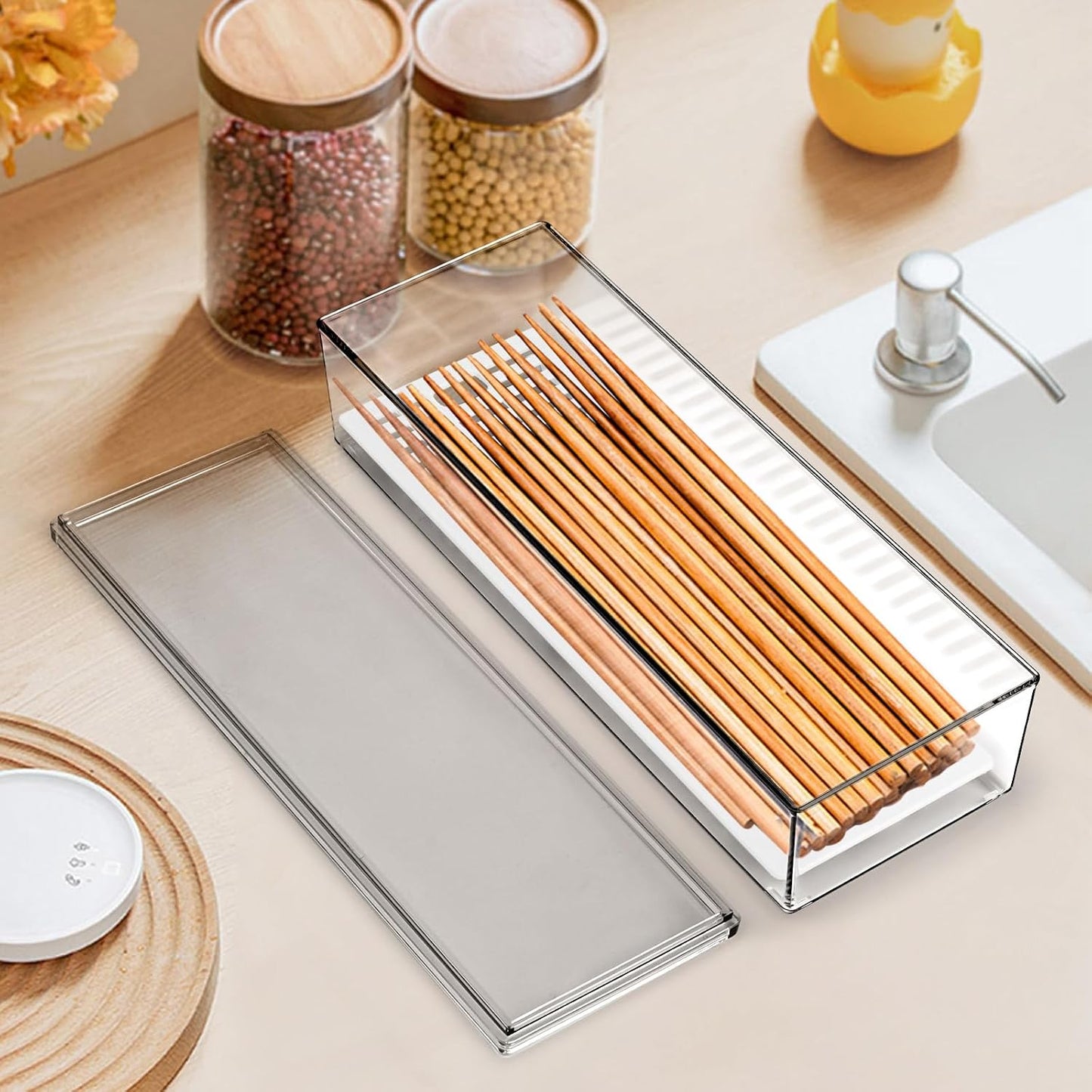 2 Pack Silverware Organizer with Lid and Drainer - Kitchen Drawer Organizer Cutlery Tray Flatware Storage Box, Clear Tableware Utensil Holder for Spoons Forks Knives
