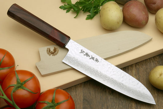 Yoshihiro VG10 46 Layers Hammered Damascus Santoku Japanese Multipurpose Chef Knife (7"(180mm) Rosewood Handle)