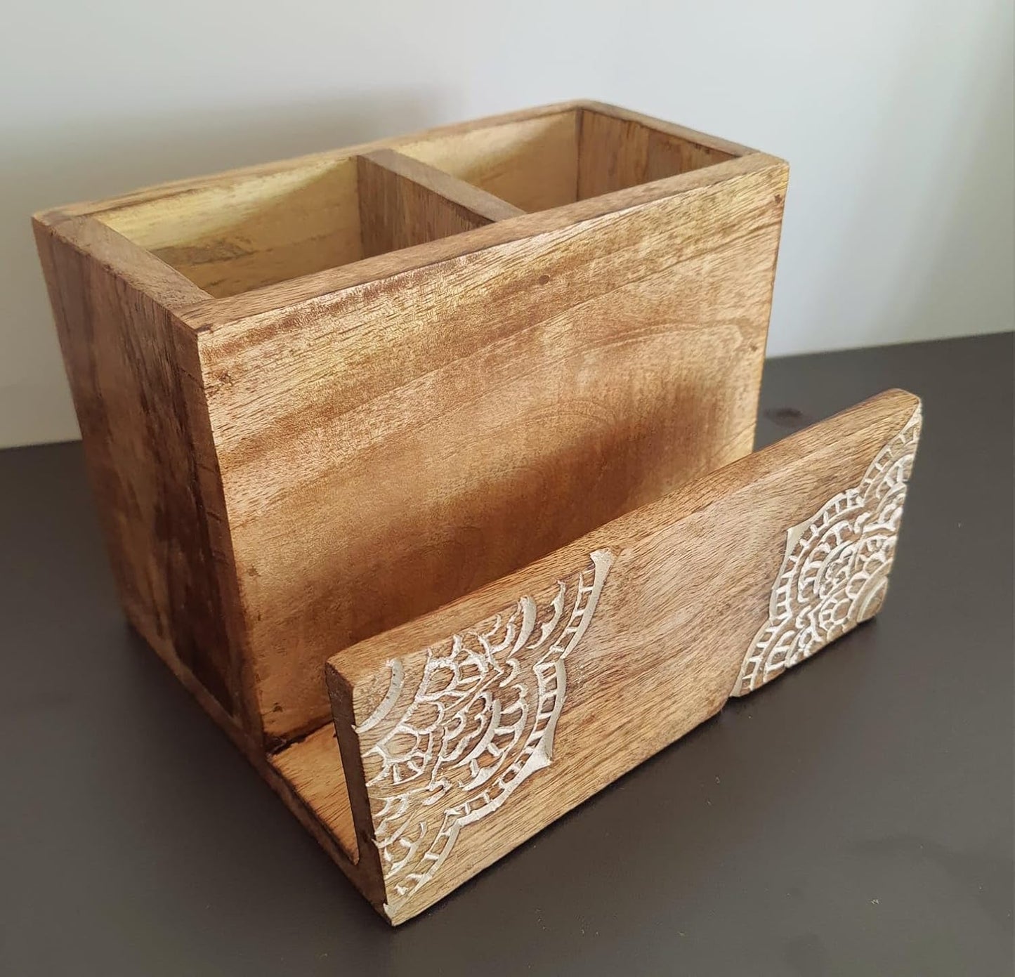 Silverware Holder Caddy, 2 Compartments Wooden Utensil Holder Flatware with Napkin Holder, Wooden Cutlery Holder Organizer Containers for Party, Kitchen Countertop, Forks, Spoons, Knives, Napkins