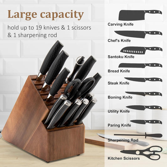 Knife Block for Kitchen Countertop - 20 Slot Universal Knife Holder with Acacia Wood, Large Knife Storage Organizer for Butcher Block, Knife Block Storage without Knives, Easy for Knife set