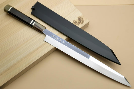 Yoshihiro SG2 (R2) Semi-Stainless Steel Mirror Polished Yanagi Kiritsuke Sashimi Knife, Triple Ring Ebony Handle (10.5'' (270mm))