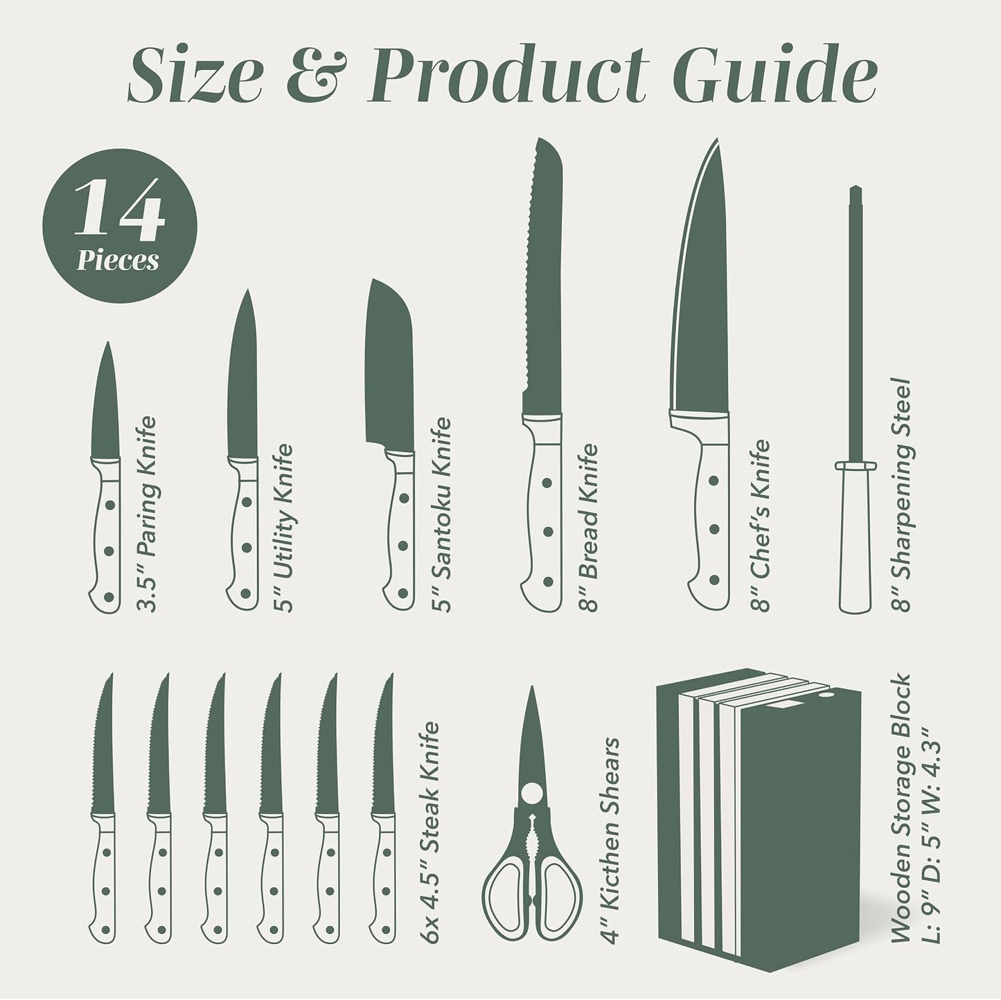14 Pieces Kitchen Knife Block Set, Knives for Kitchen, Forged Cutlery with Razor-Sharp High Carbon Steel Blades, Magnetic Block