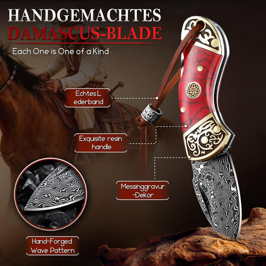DRGSKL Damascus Pocket Knife for Gifting - Small EDC Knife for Dad (Red) | Superior Damascus Steel, Ergonomic Retro Carved Handle, Gift Box, Easy to Carry, Collectible Gifts