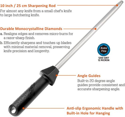 119N Diamond Sharpening Steel Professional Knife Sharpener | Solid Honing Rod Built-In Angle Guides, Sharpens & Realigns Edges, Polishes Edges, For Chef & Kitchen Knives