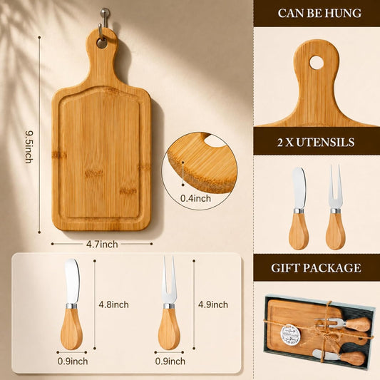 1 Set Bridal Baby Shower Cheese Prizes Wooden Square Board Gift Set Knives Forks Thank You Tags with Box for Guests for Valentines Bridal Baby Shower Housewarming Gifts (Bamboo Color)