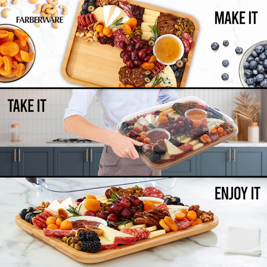 Bamboo Cutting Board with Clear Locking Lid, 11x14 Inch Charcuterie Board with Handles - Reversible Serving Board for Cheese, Meats, Snacks and More