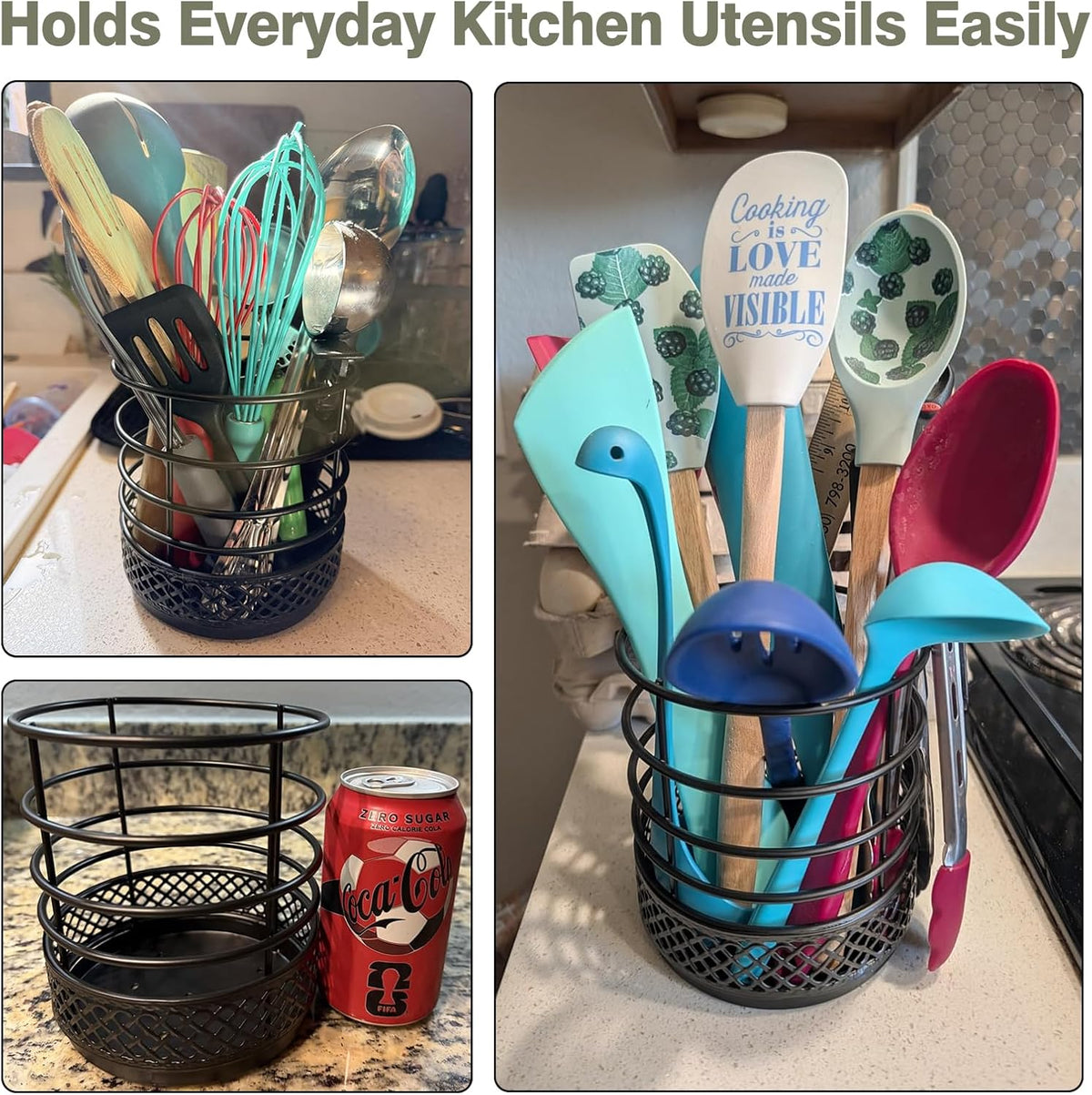 Metal Kitchen Utensil Holder for Kitchen Counter-5.43 x 5.98 inch, Black Utensil Crock for Spatula, Spoon, Fork & Knife, Rustproof Organizer