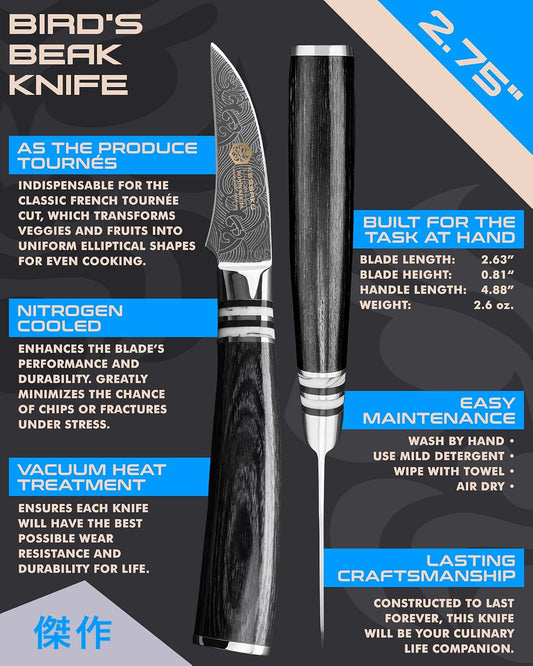 2.75-Inch Bird's Beak Tourne Paring Knife - Ronin Series - Forged High Carbon 7Cr17MoV Stainless Steel - Pakkawood Handle with Blade Guard
