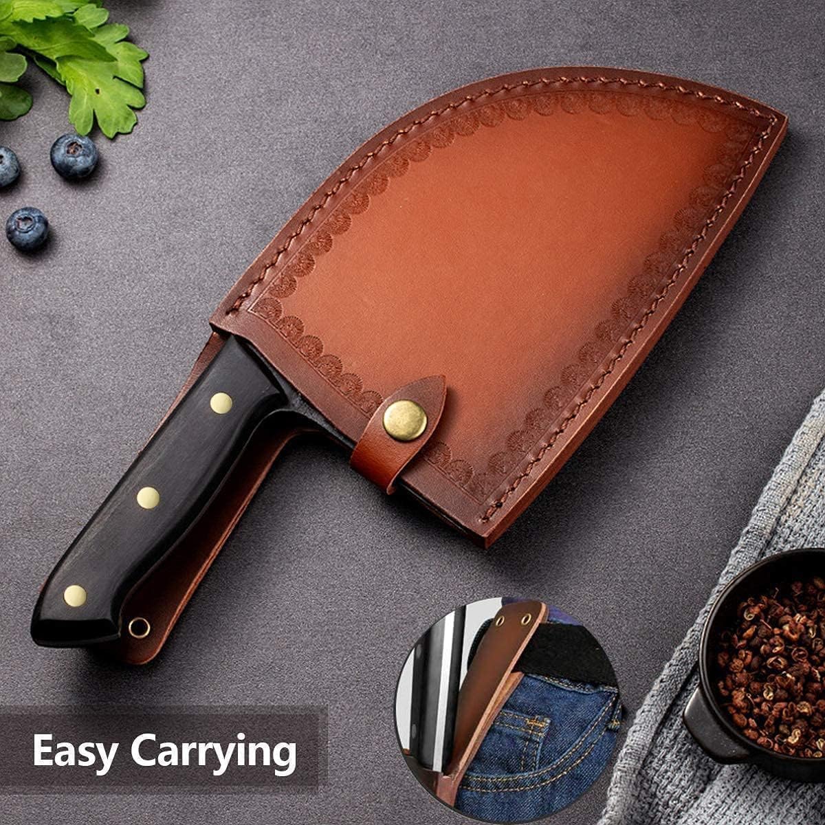 Professional Butcher Knife Set with Roll Bag for Meat Cutting | Full Tang Meat Cleaver with Ergonomic Wood Handle, Prolonged Edge Retention, Robust Blade, Portable Grill Knife Set for Men