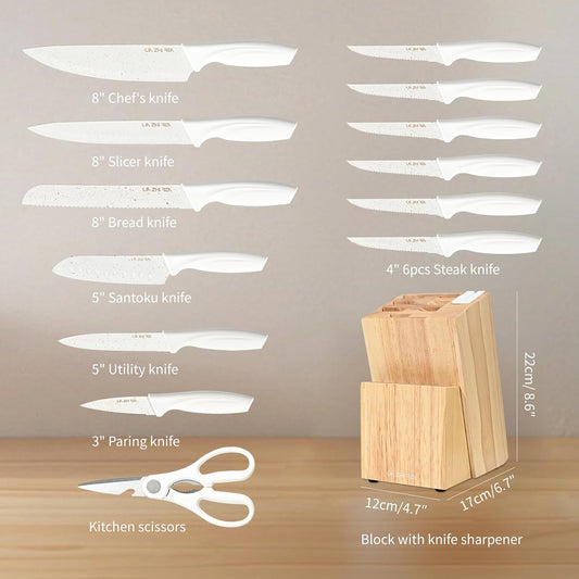 15 Piece Knife Set,Kitchen Knife Block Set,White stainless steel knife set with sharpener for Chopping, Slicing, Dicing & Cutting,Dishwasher safe