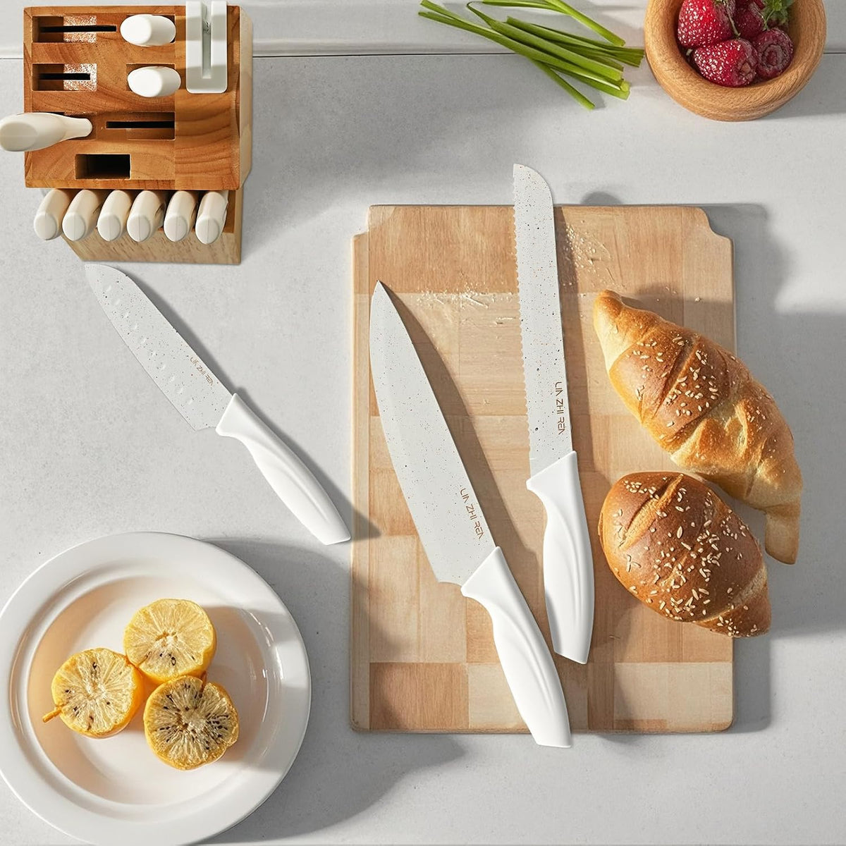 15 Piece Knife Set,Kitchen Knife Block Set,White stainless steel knife set with sharpener for Chopping, Slicing, Dicing & Cutting,Dishwasher safe