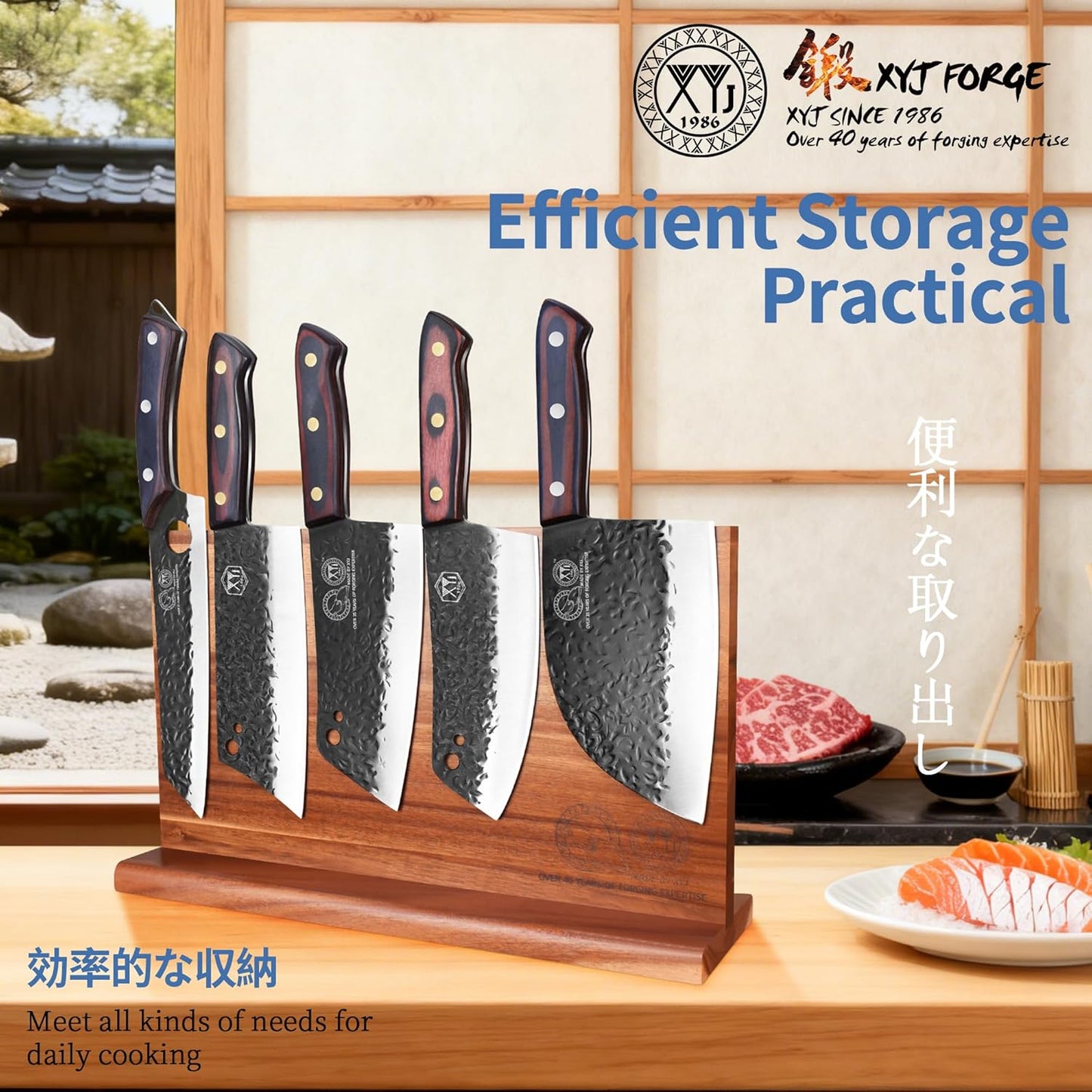 Full Tang Knives Set with Magnetic Knife Block,Cutting Board,Sharpener Rod,Scissors,Gloves,High Carbon Steel Blades,Knife Block Set,Cleaver Vegetable Butcher Kitchen Knives