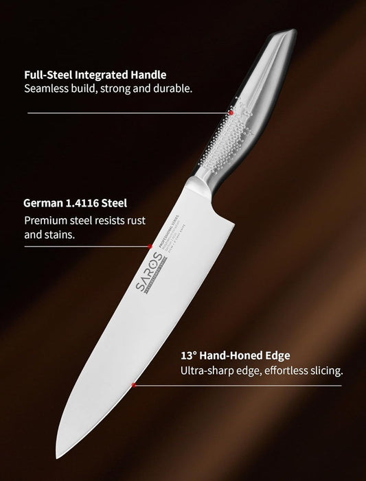8 Inch Japanese Kitchen Knife – Professional Gyuto Chef Knife Made of 1.4116 German Steel, All-Steel Anti-Slip Handle, Razor Sharp Blade in Gift Box for Home & Restaurant