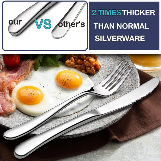 48-Piece Heavy Duty Silverware Set with Steak Knife for 8, Stainless Steel Flatware Set, Fancy Thick Cutlery Eating Utensils Include Forks Knives Spoons, Mirror Finished, Dishwasher Safe
