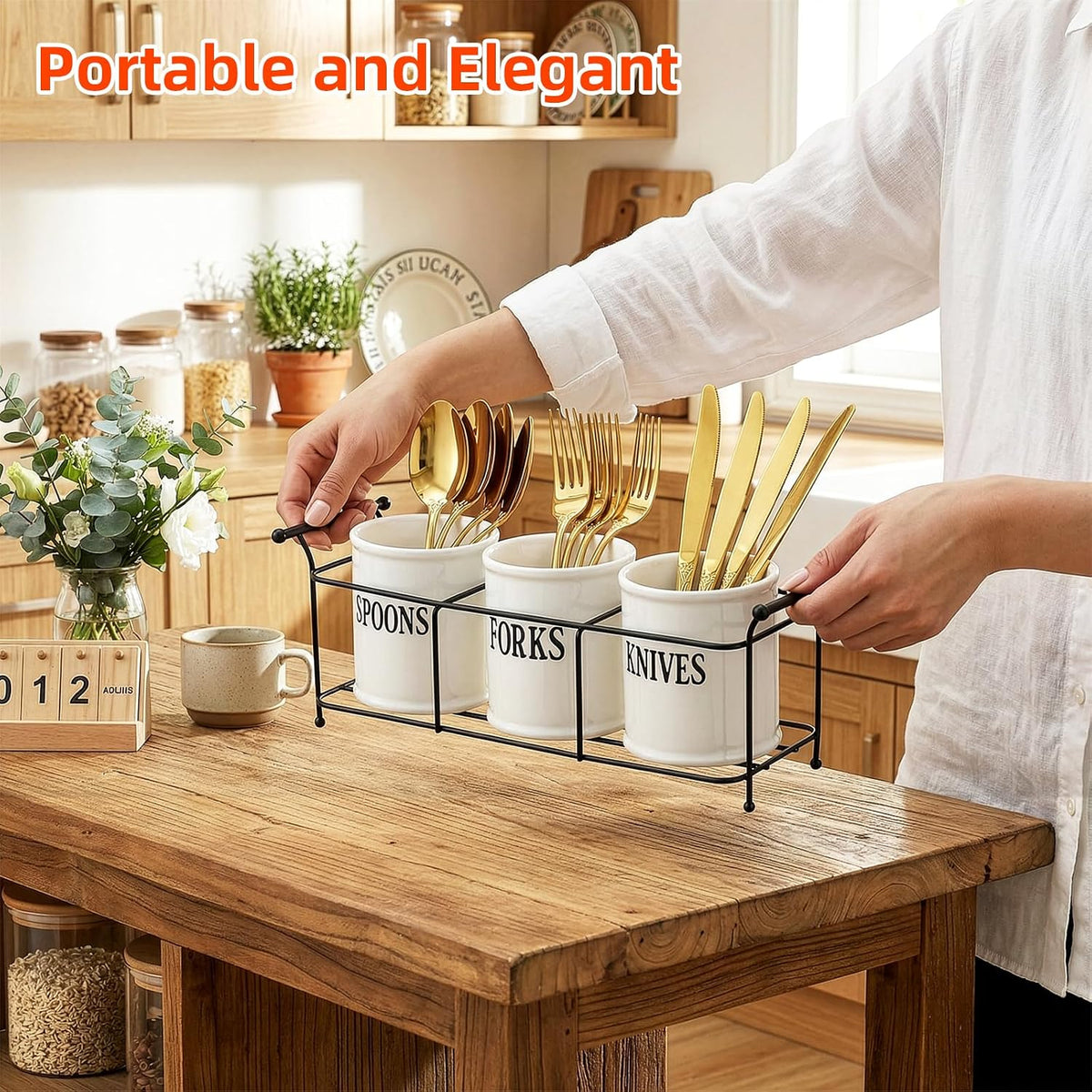 3-Piece White Ceramic Silverware Caddy with Black Metal Rack, Utensil Holder Flatware Caddy Cutlery Storage Organizer for Kitchen Table, Cabinet or Pantry