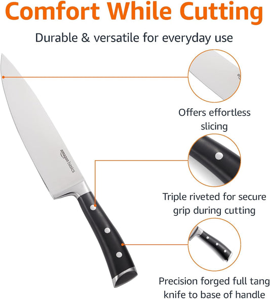 Classic 8-inch Full Tang High Carbon Stainless Steel Chef's Knife, Multipurpose Kitchen Knife with Three Rivets, Silver
