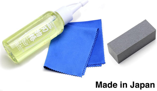 Yoshihiro 100% Pure Tsubaki Japanese Knife Maintenance Oil 3.4 oz & Large Sabitori Rust Erasers Set - Made in Japan